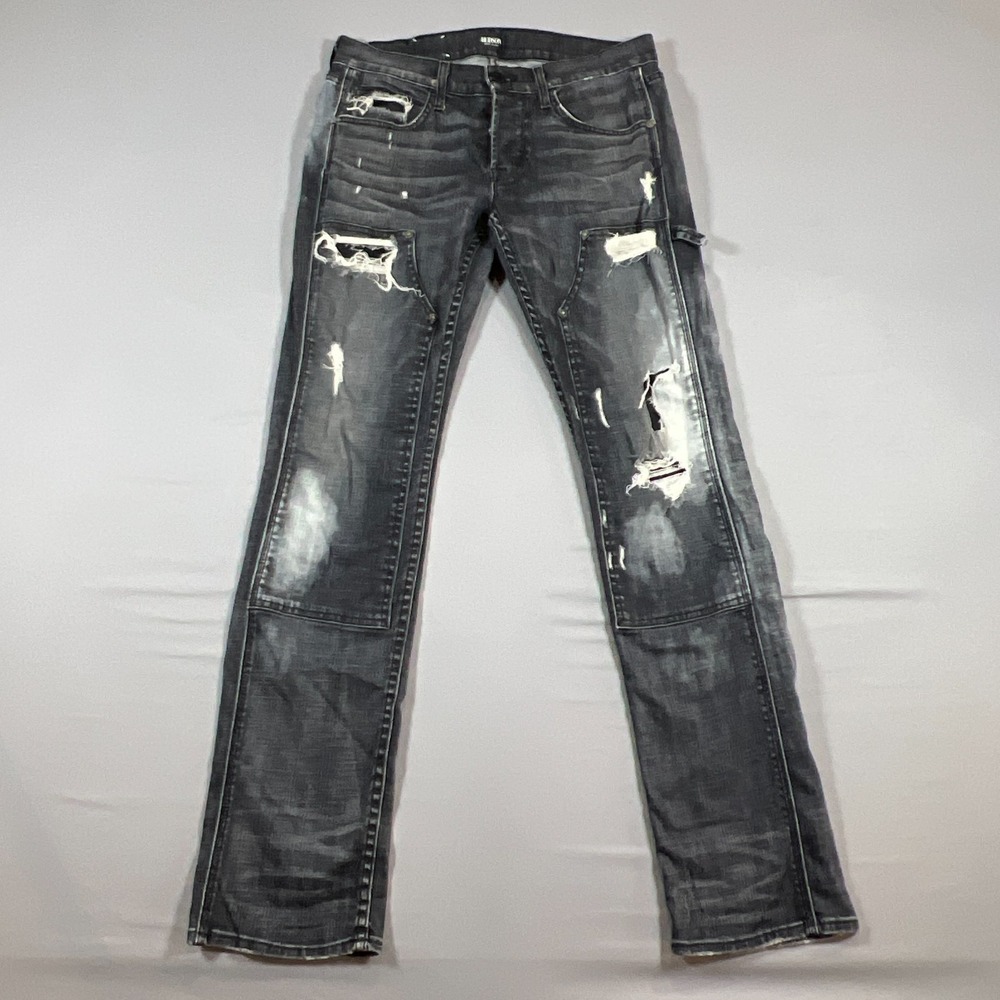 Hudson Byron Straight Jeans Mens 29 Black Cotton Stretch Distressed Workwear